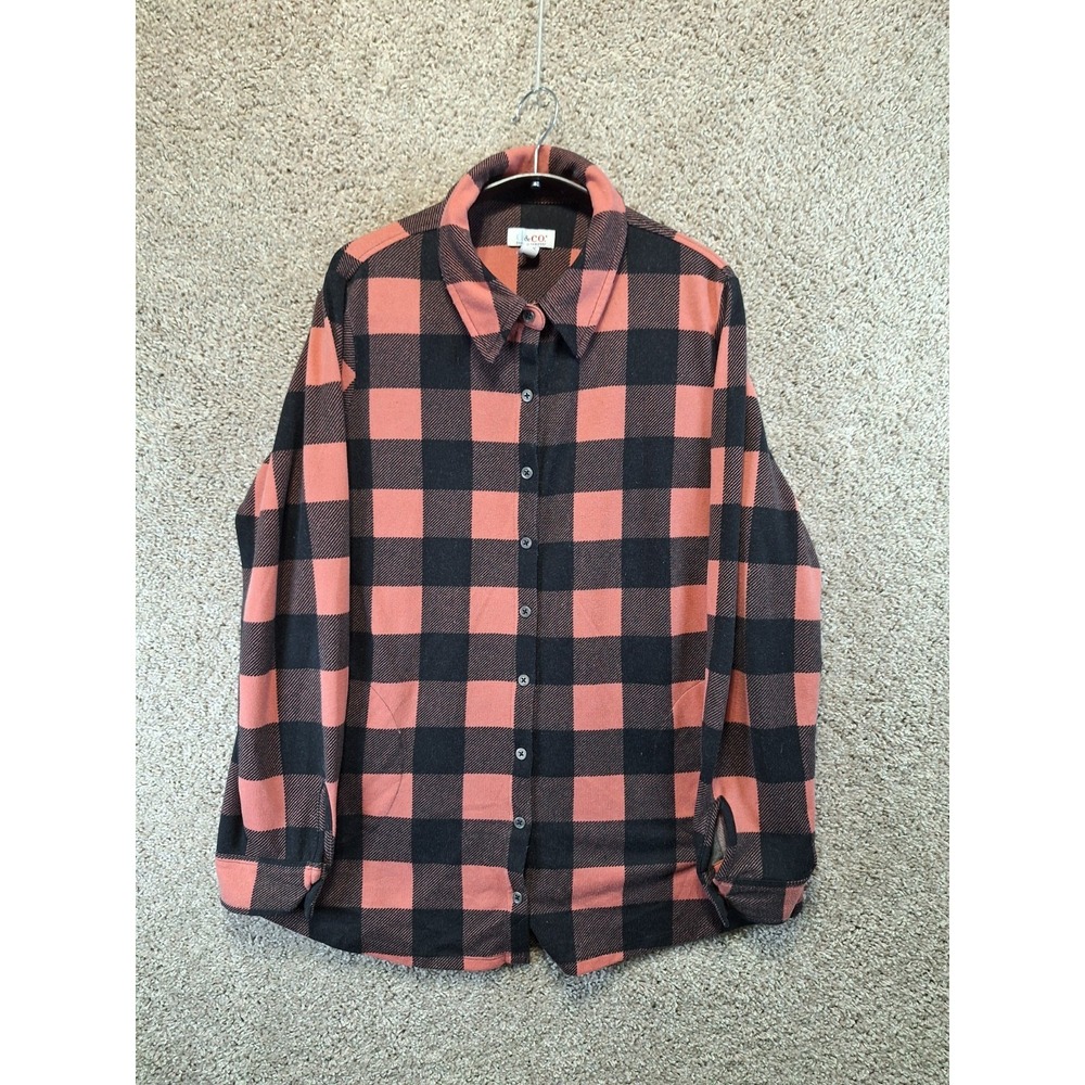 Denim & Co. Shirt Womens Large Pink Black Plaid Flannel Collared Button Front
